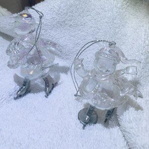 Lot of 2 clear glass skating Snowmen Christmas Ornaments Silver Shoes‎ Funtime